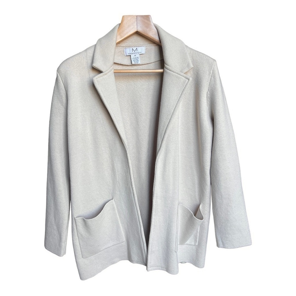 Magaschoni Women’s Ivory Wool Blend Oversized Open Front Blazer Cardigan, XS